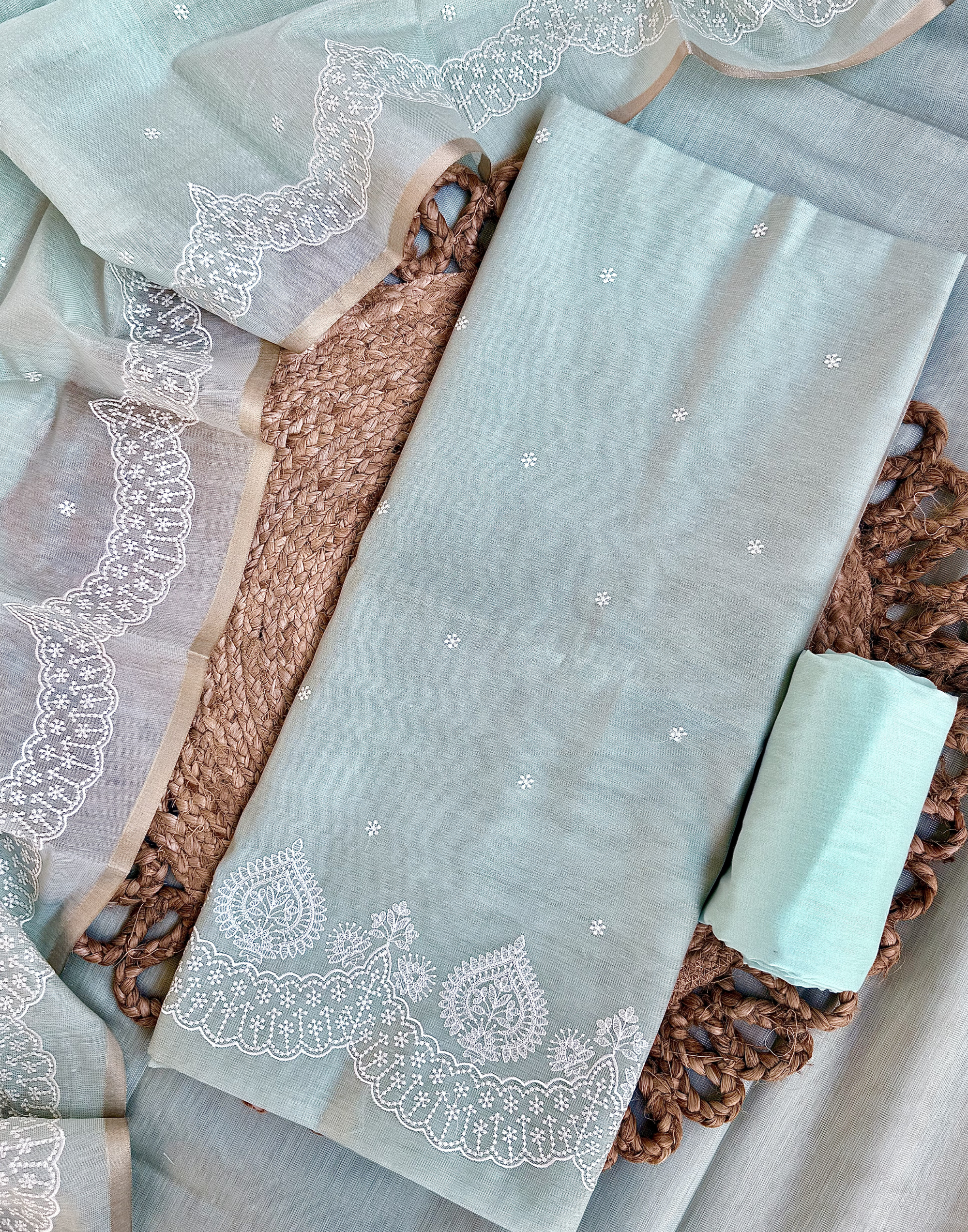 Mint Green Linen Tissue Unstitched Suit with Thread Embroidery