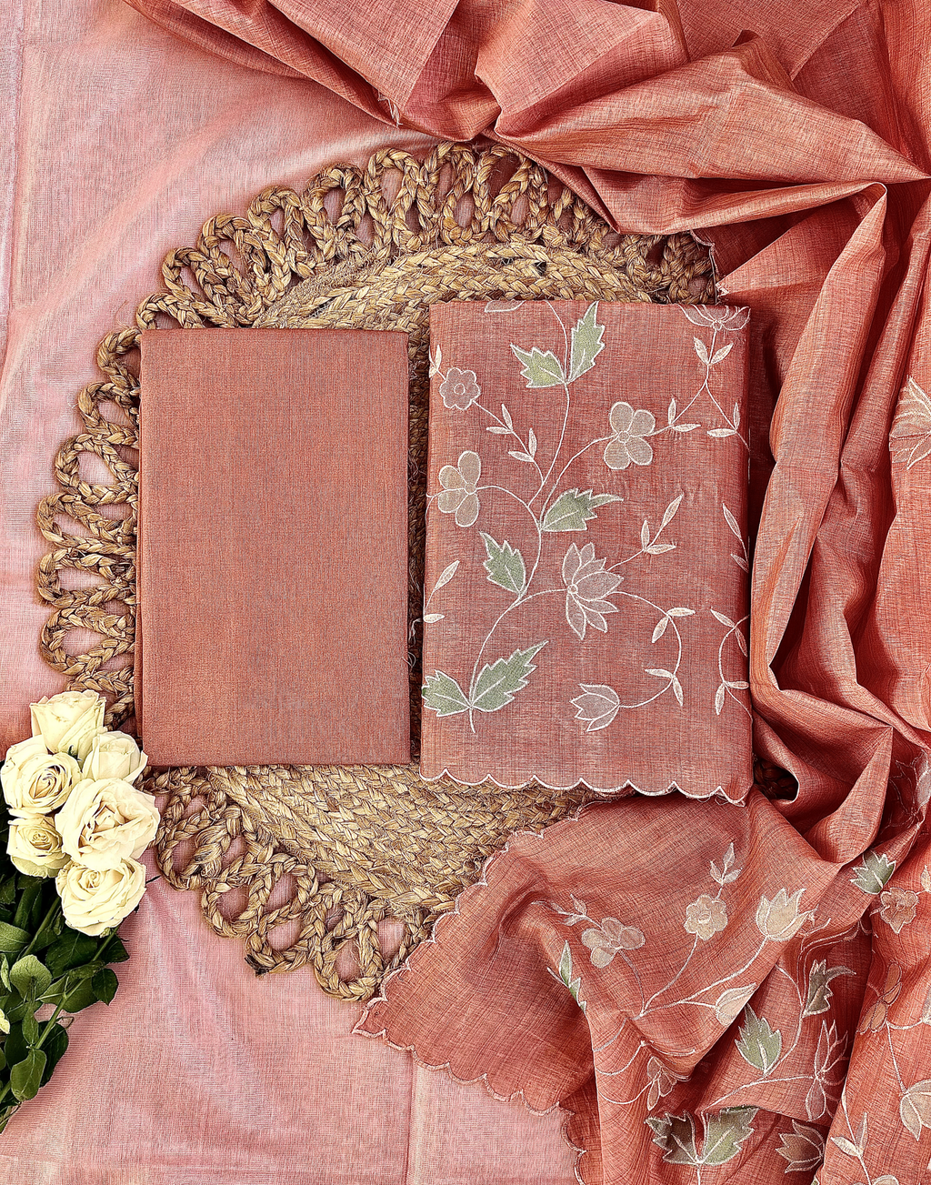 Rust Pink Tussar Unstitched Suit with Appliqué Embroidery