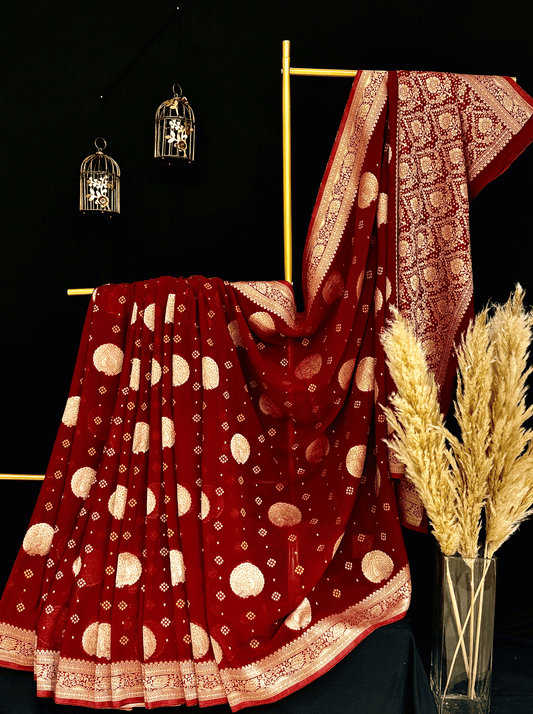 Deep Red Georgette Tissue Silk Saree
