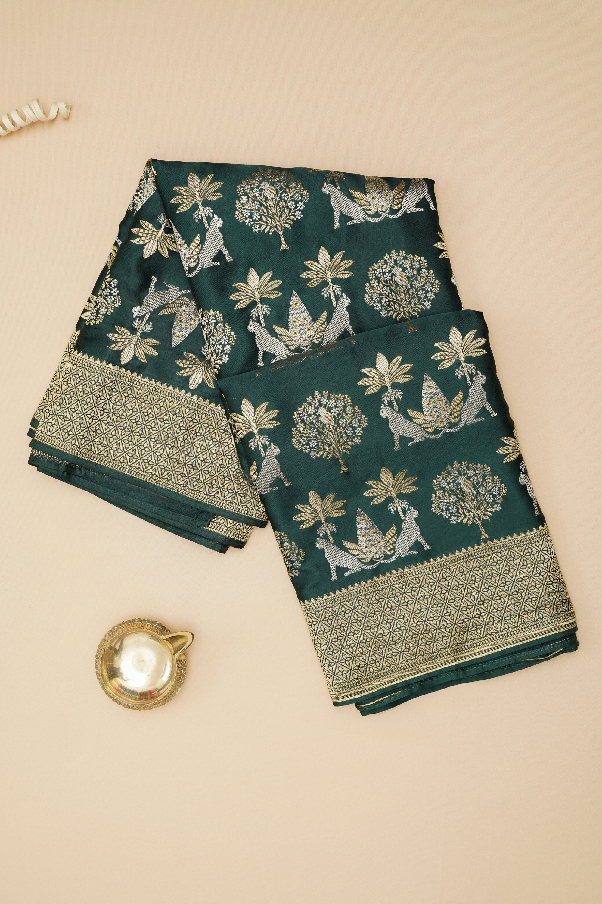 Bottle Green Viscose Satin Saree with Dual Weaving