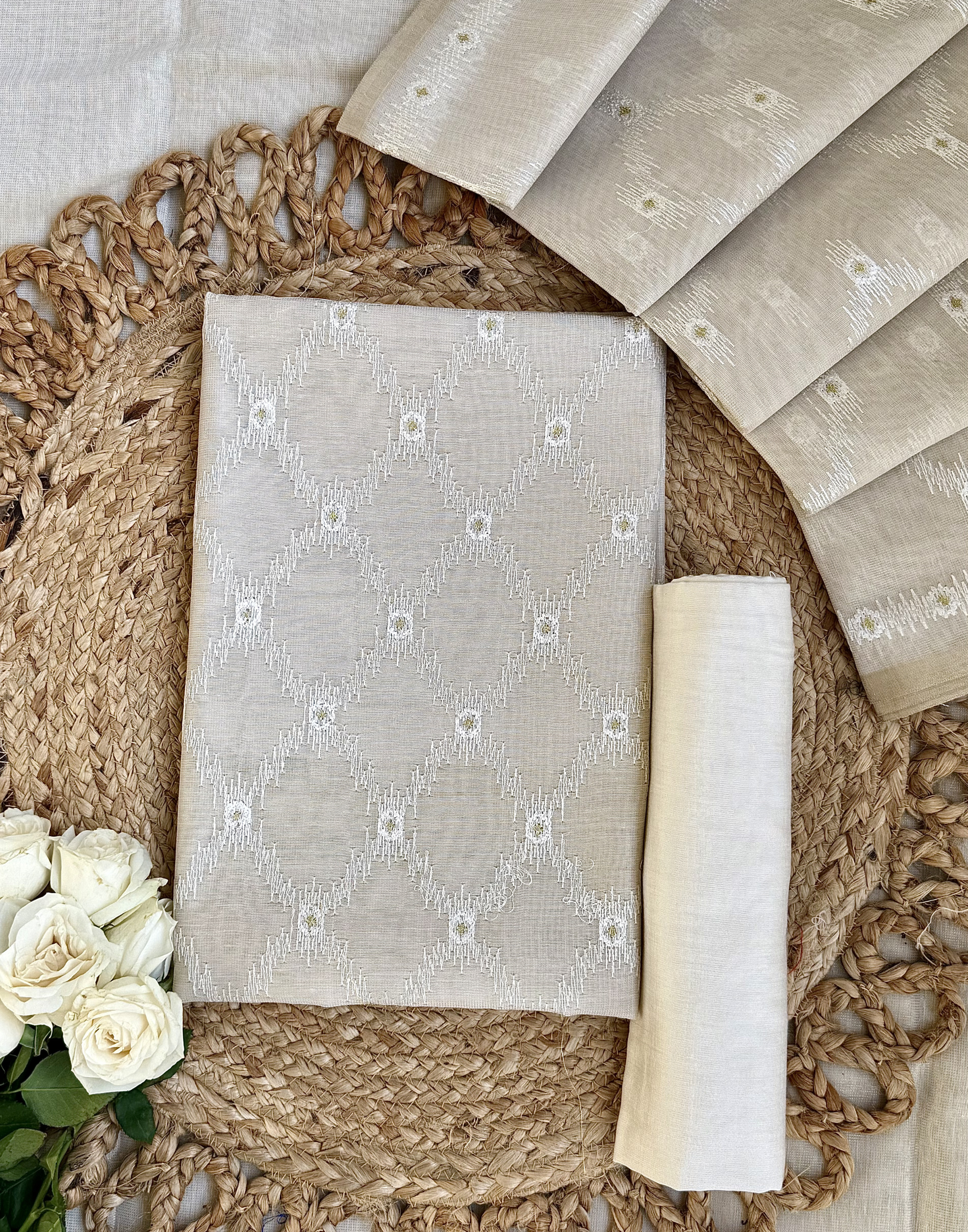 Off White Linen Tissue Unstitched Suit with Ikat-Inspired Embroidery