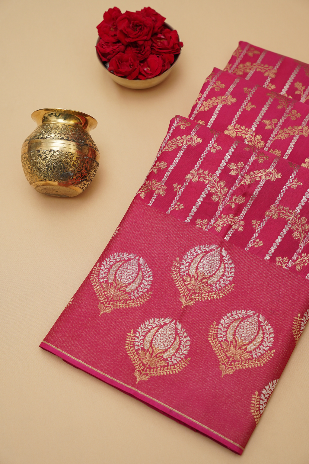 Rani Pink Viscose Satin Saree with Dual Weaving