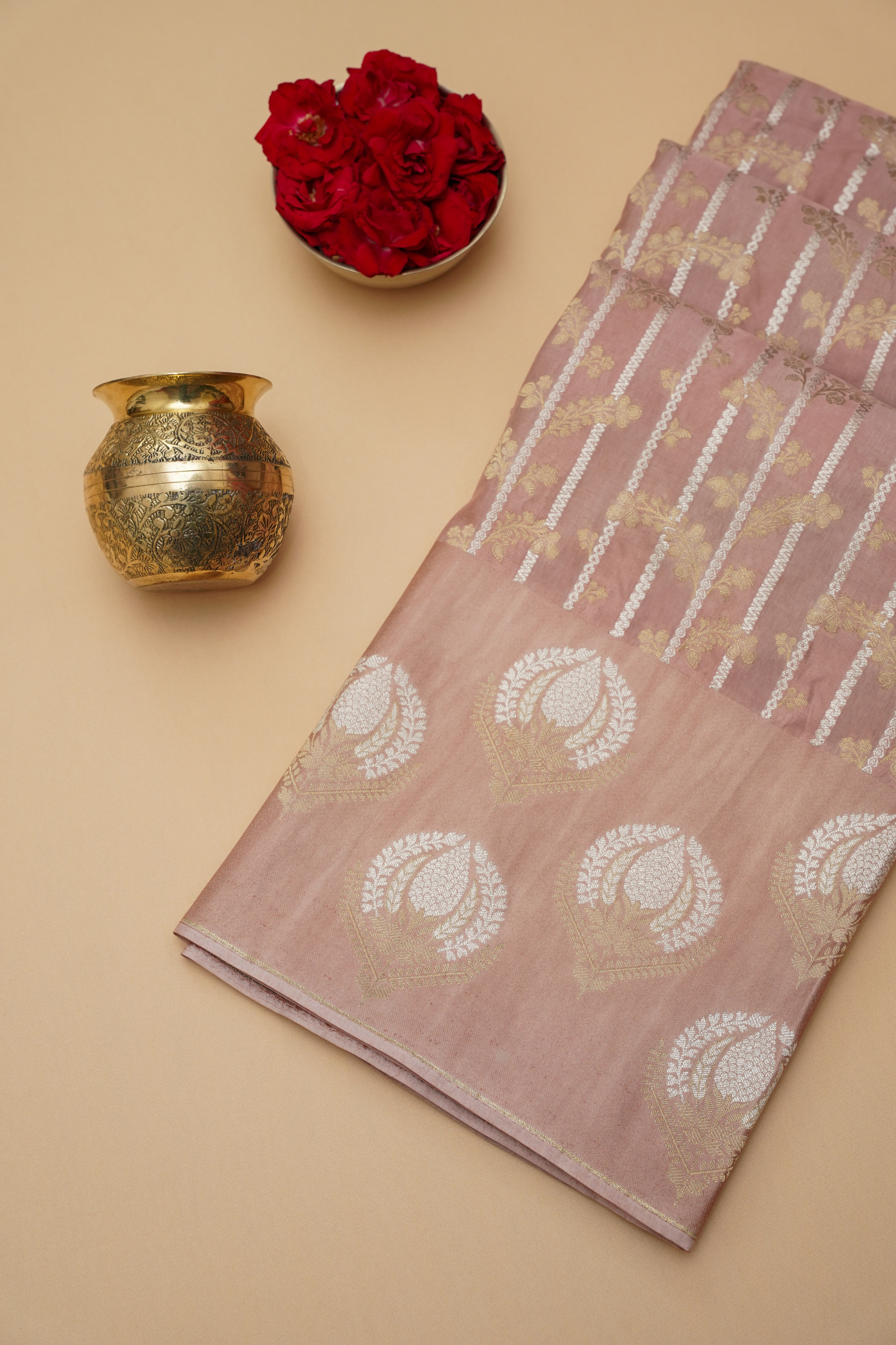 Dusty Rose Viscose Satin Saree with Dual Weaving
