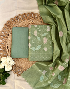 Sage Green Tussar Unstitched Suit with Appliqué Embroidery