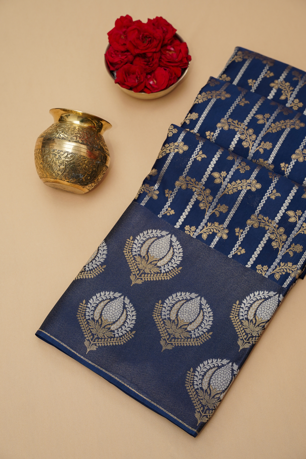 Navy Blue Viscose Satin Saree with Dual Weaving