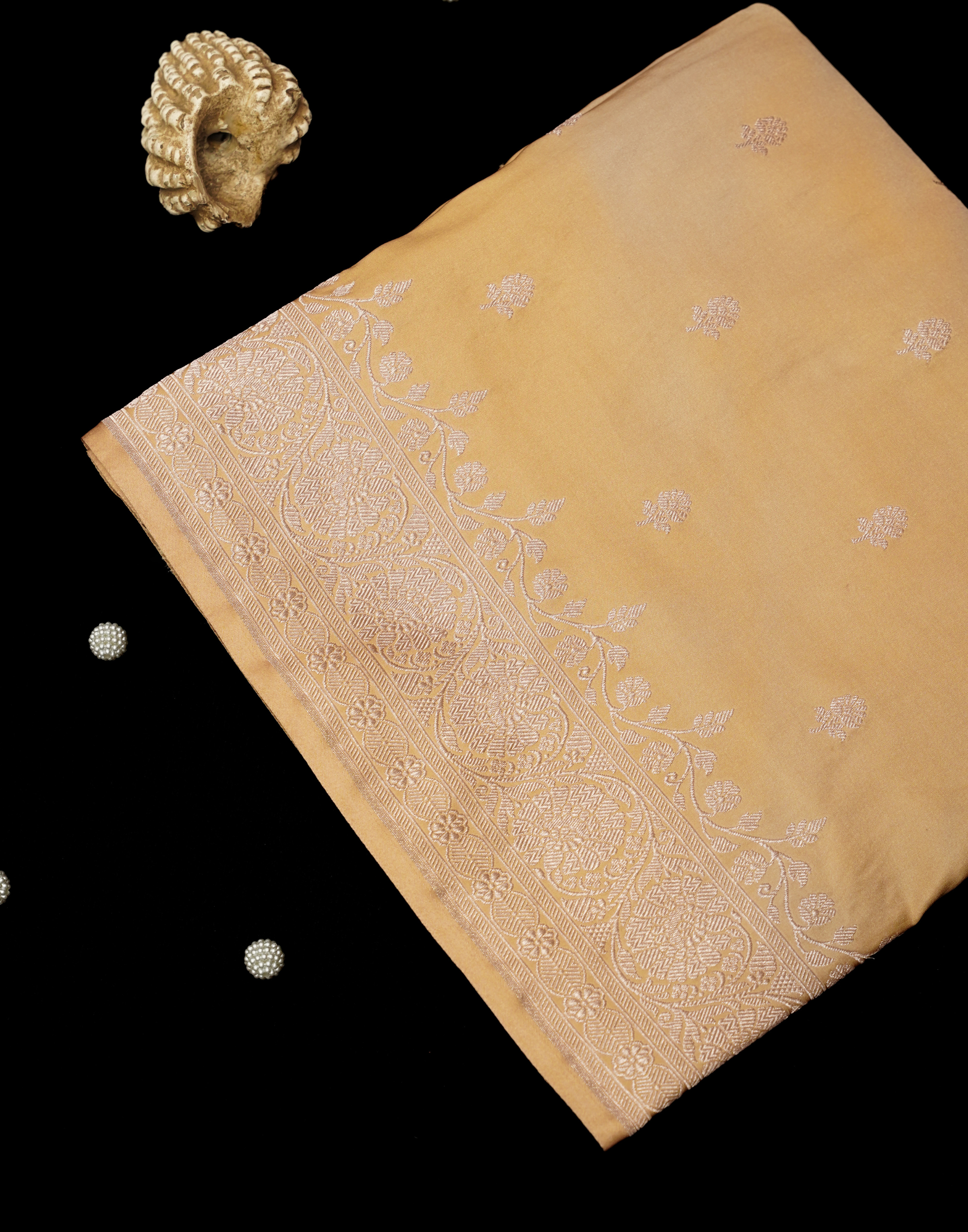 Pastel Peach Banarasi Mushroo Silk Saree with Floral Weaving & Zari Border