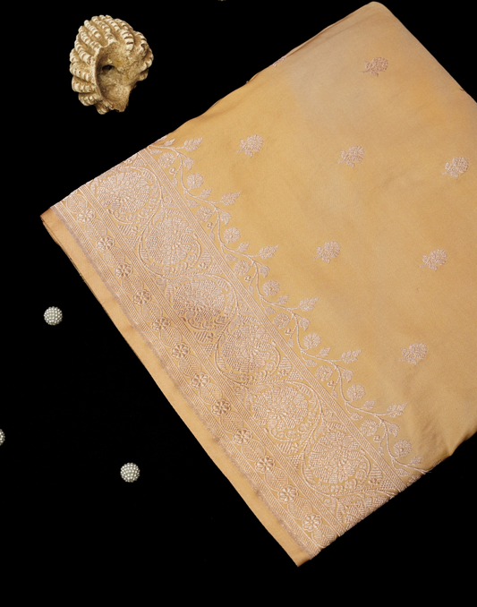 Pastel Peach Banarasi Mushroo Silk Saree with Floral Weaving & Zari Border