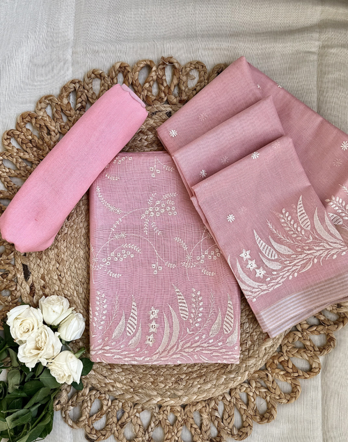 Baby Pink Linen Tissue Saree with Floral Thread Embroidery