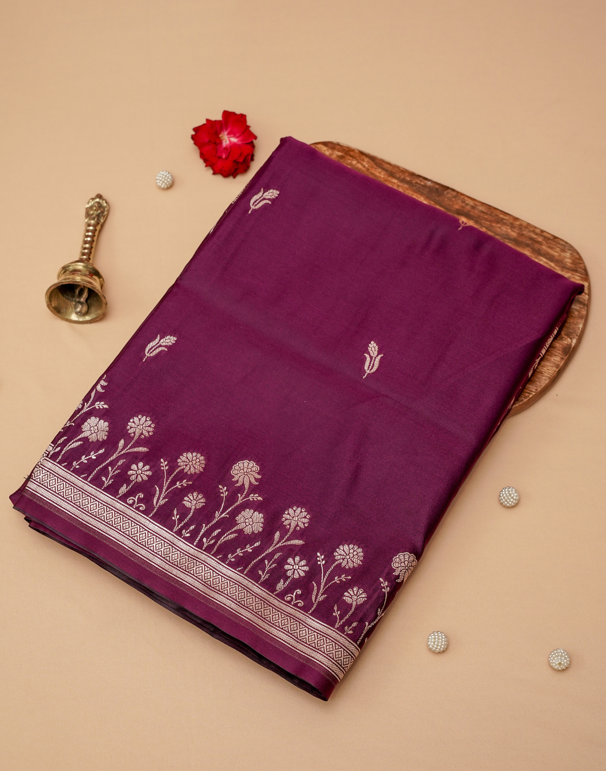 Magenta Banarasi Mushroo Silk Saree with Floral Weaving & Zari Border