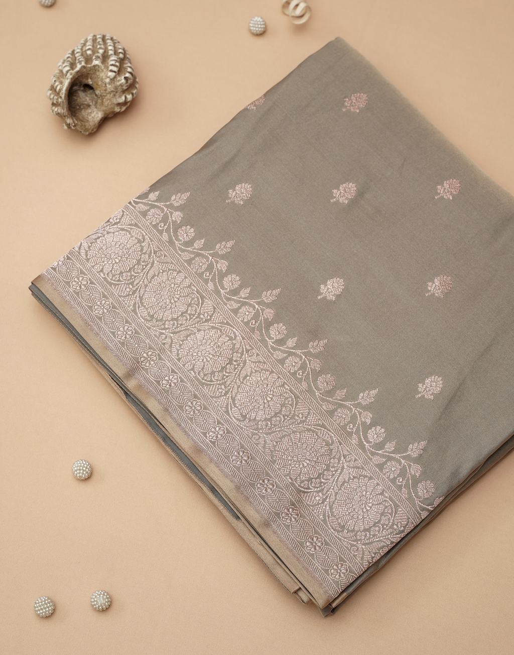 Ash Grey Banarasi Mushroo Silk Saree with Floral Weaving & Zari Border