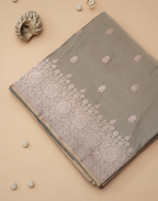 Ash Grey Banarasi Mushroo Silk Saree with Floral Weaving & Zari Border