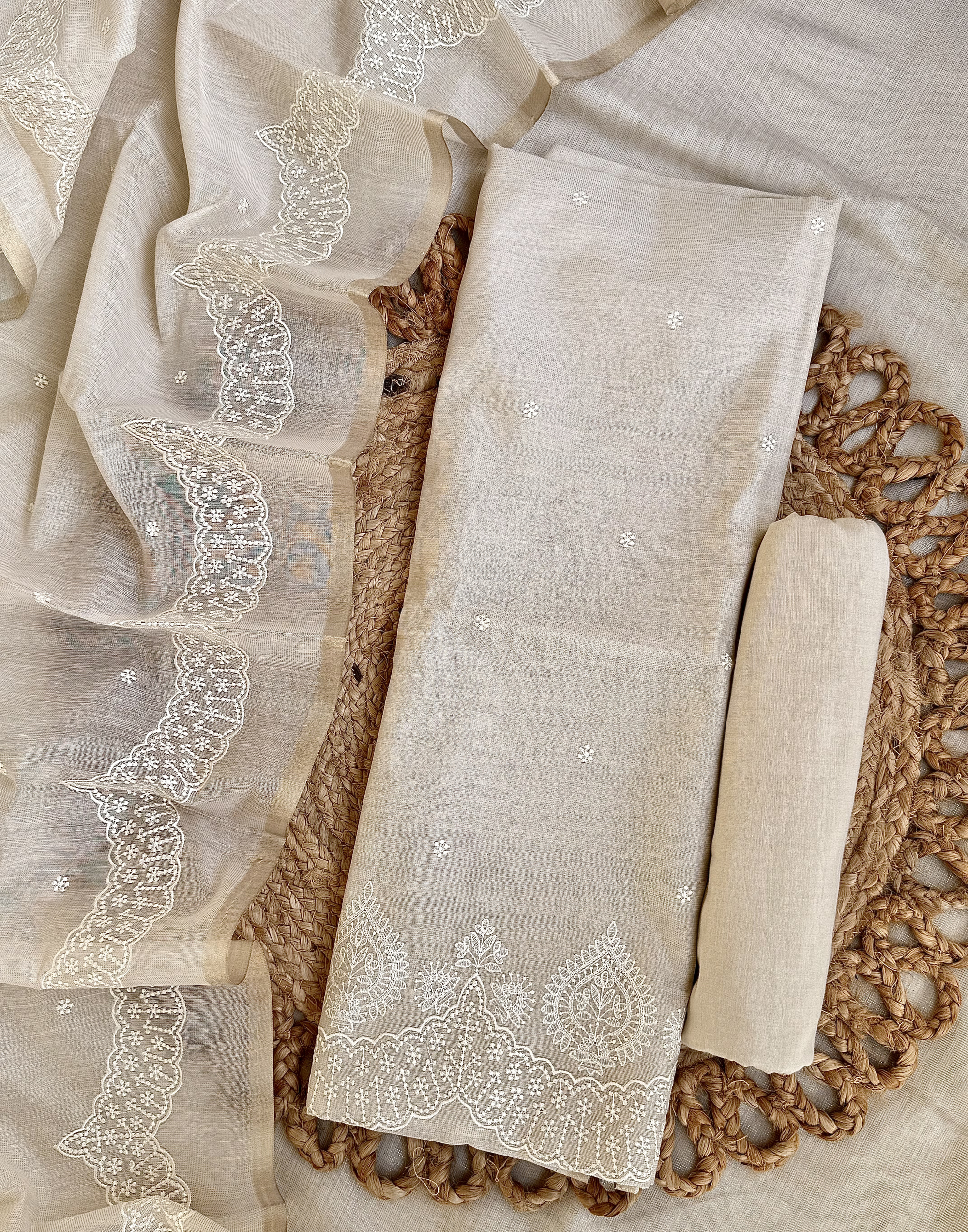 Off White Linen Tissue Unstitched Suit with Thread Embroidery