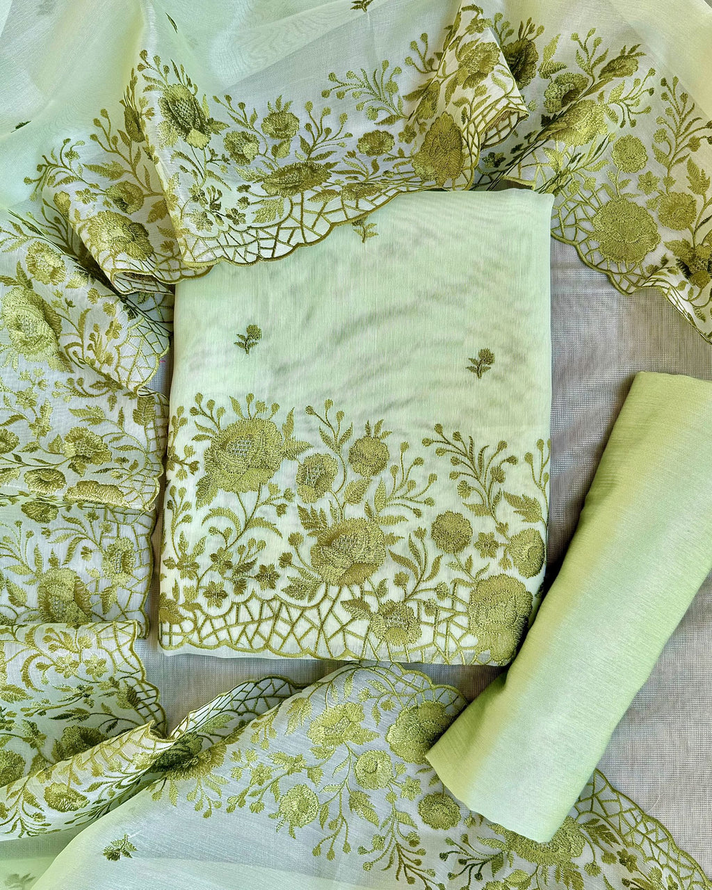 Pastel Mint Green Organza Unstitched Suit with Floral Embroidery