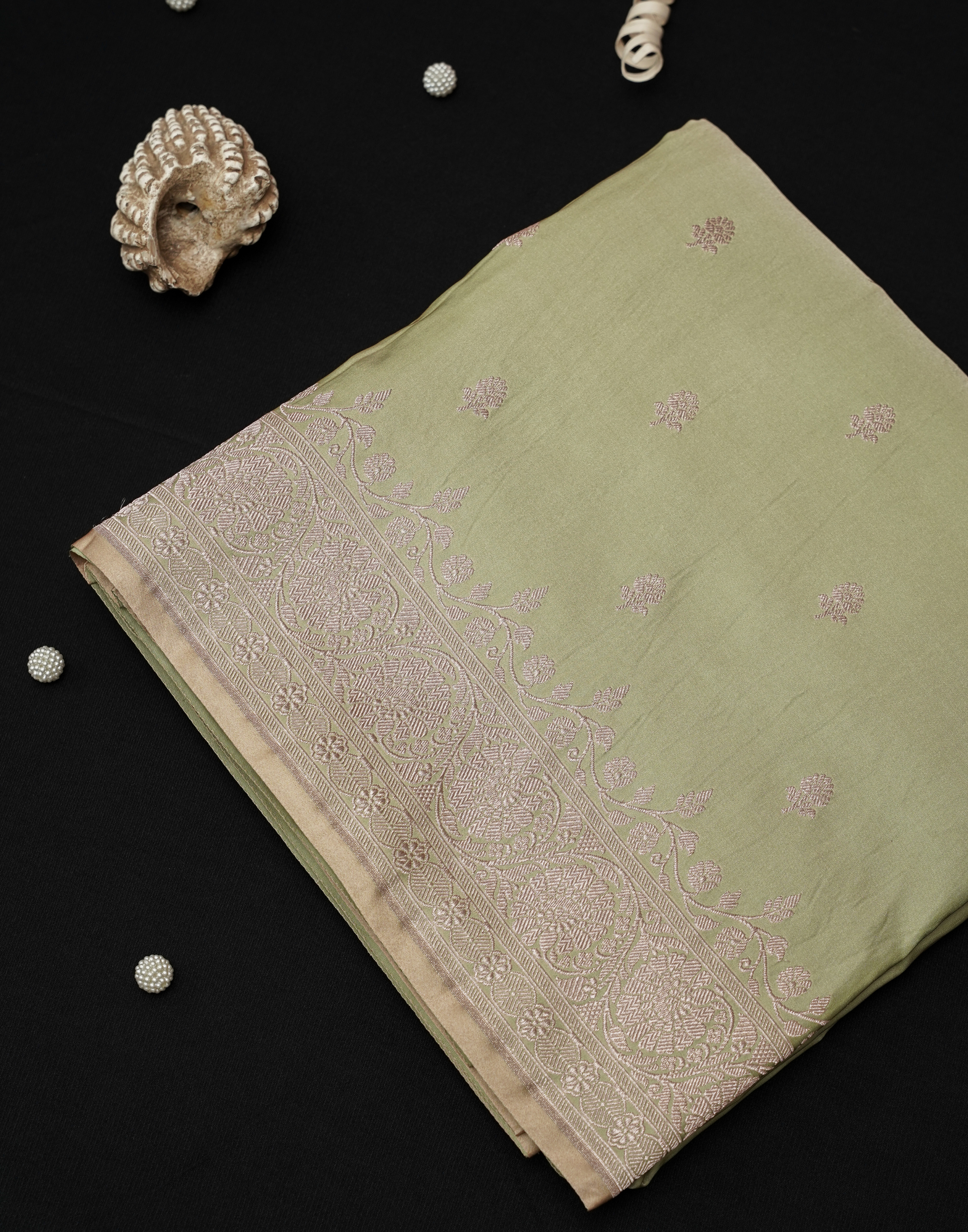Pistachio Green Banarasi Mushroo Silk Saree with Floral Weaving & Zari Border