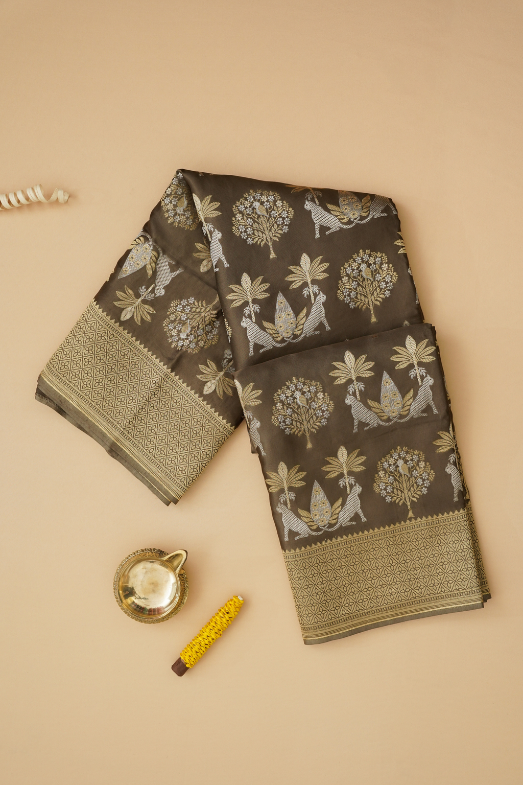 Chocolate Brown Viscose Satin Saree with Dual Weaving