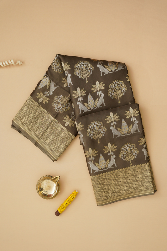 Chocolate Brown Viscose Satin Saree with Dual Weaving