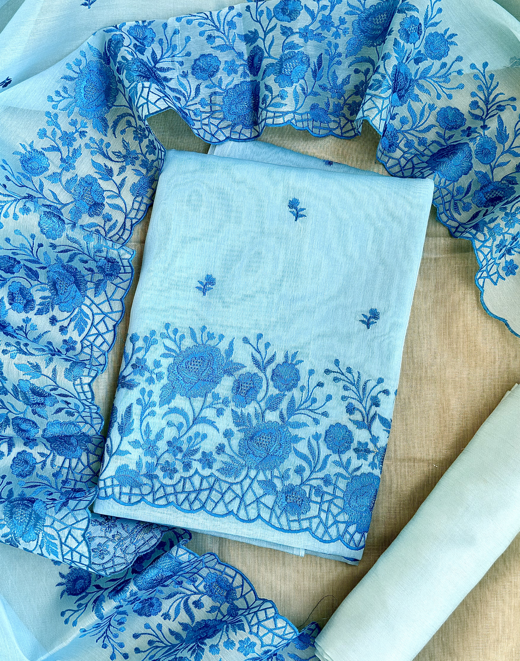 Sky Blue Organza Unstitched Suit with Tonal Floral Embroidery