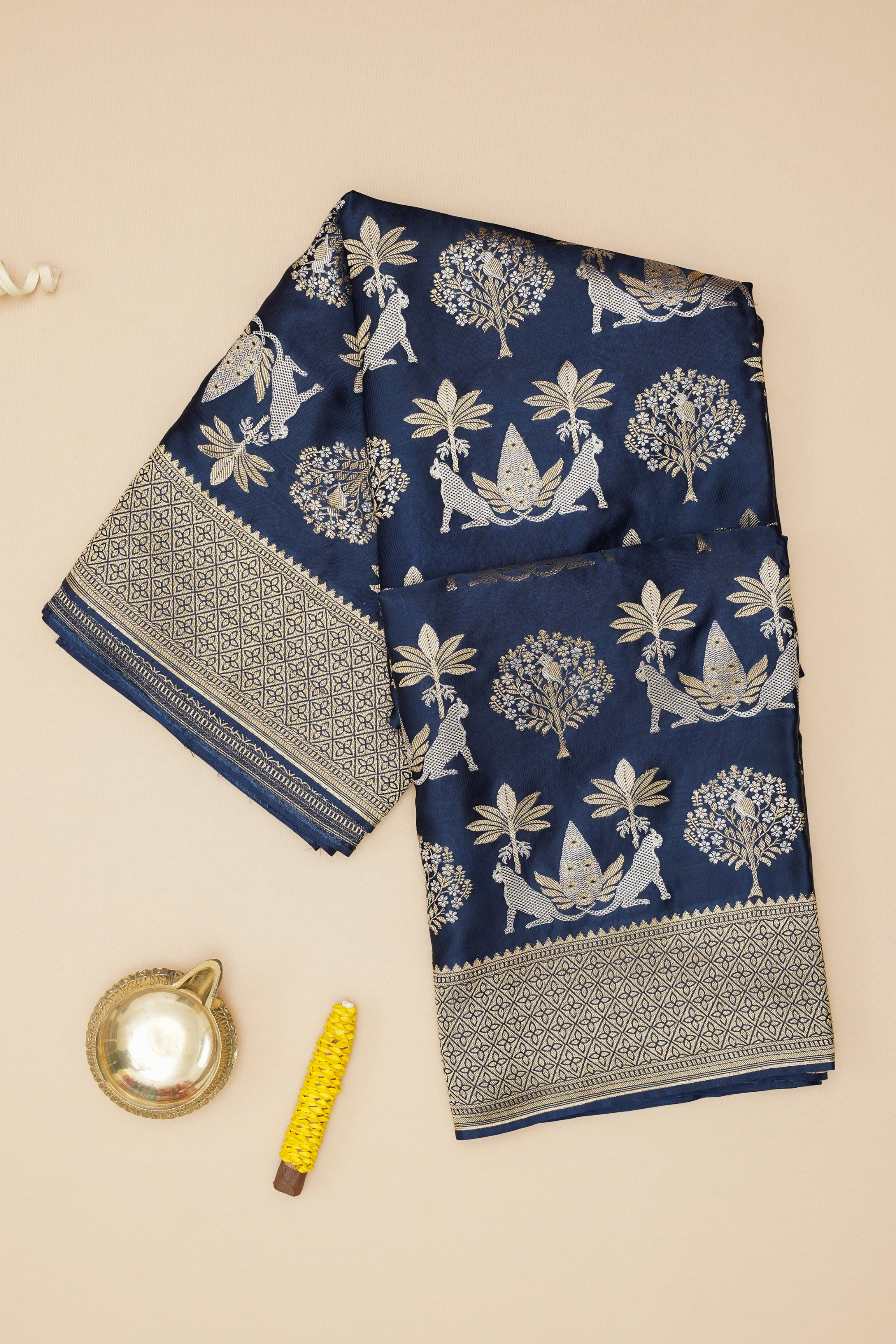 Midnight Blue Viscose Satin Saree with Dual Weaving