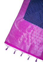 Navy Blue Pure Chiniya Silk Saree with Pink Antique Zari Border