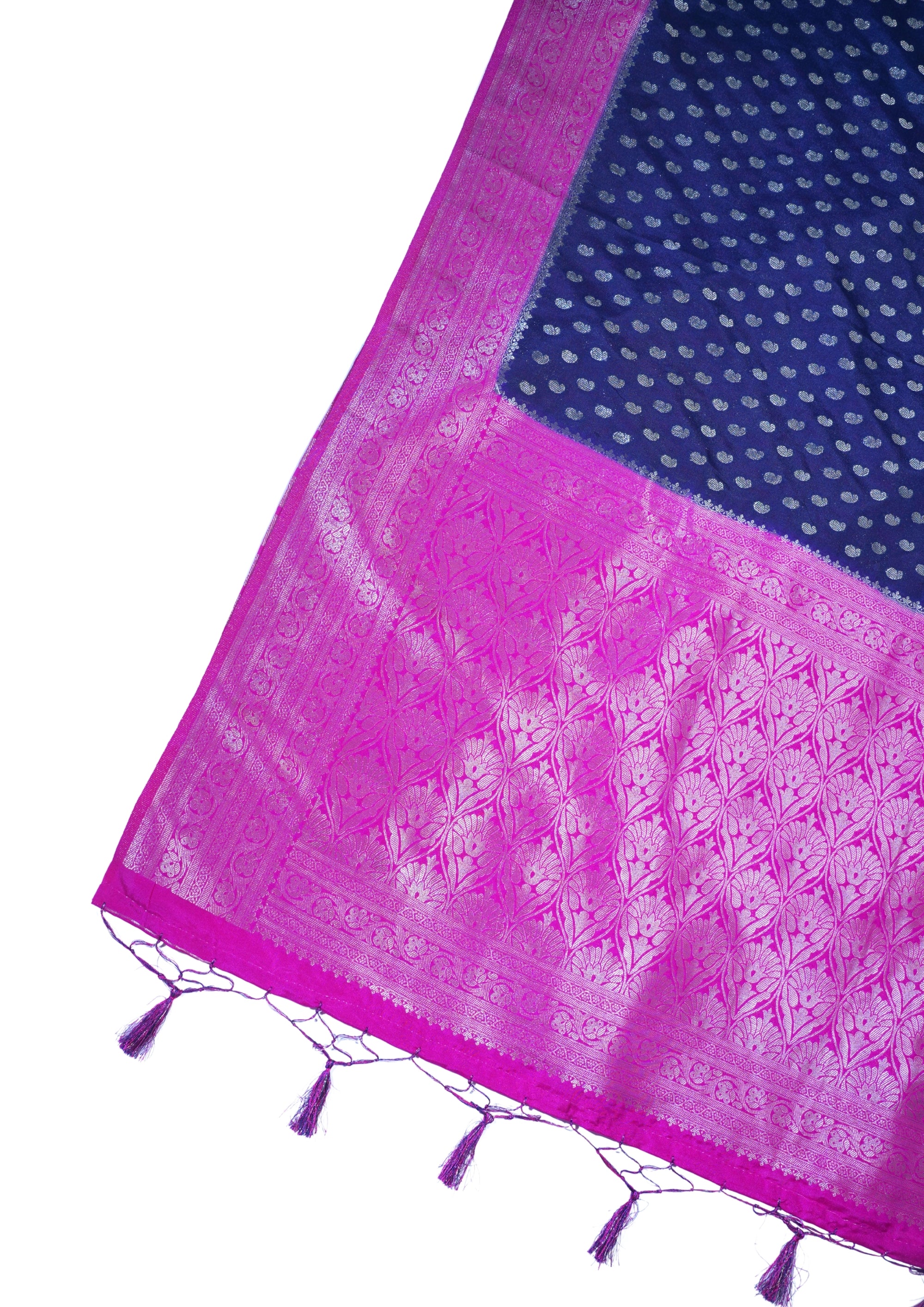 Navy Blue Pure Chiniya Silk Saree with Pink Antique Zari Border