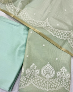 Mint Green Linen Tissue Unstitched Suit with Thread Embroidery