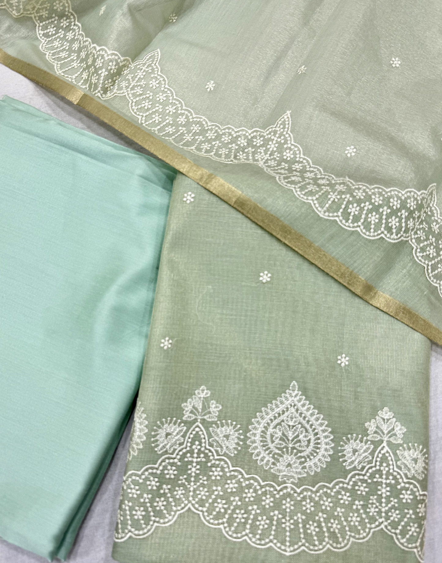 Mint Green Linen Tissue Unstitched Suit with Thread Embroidery