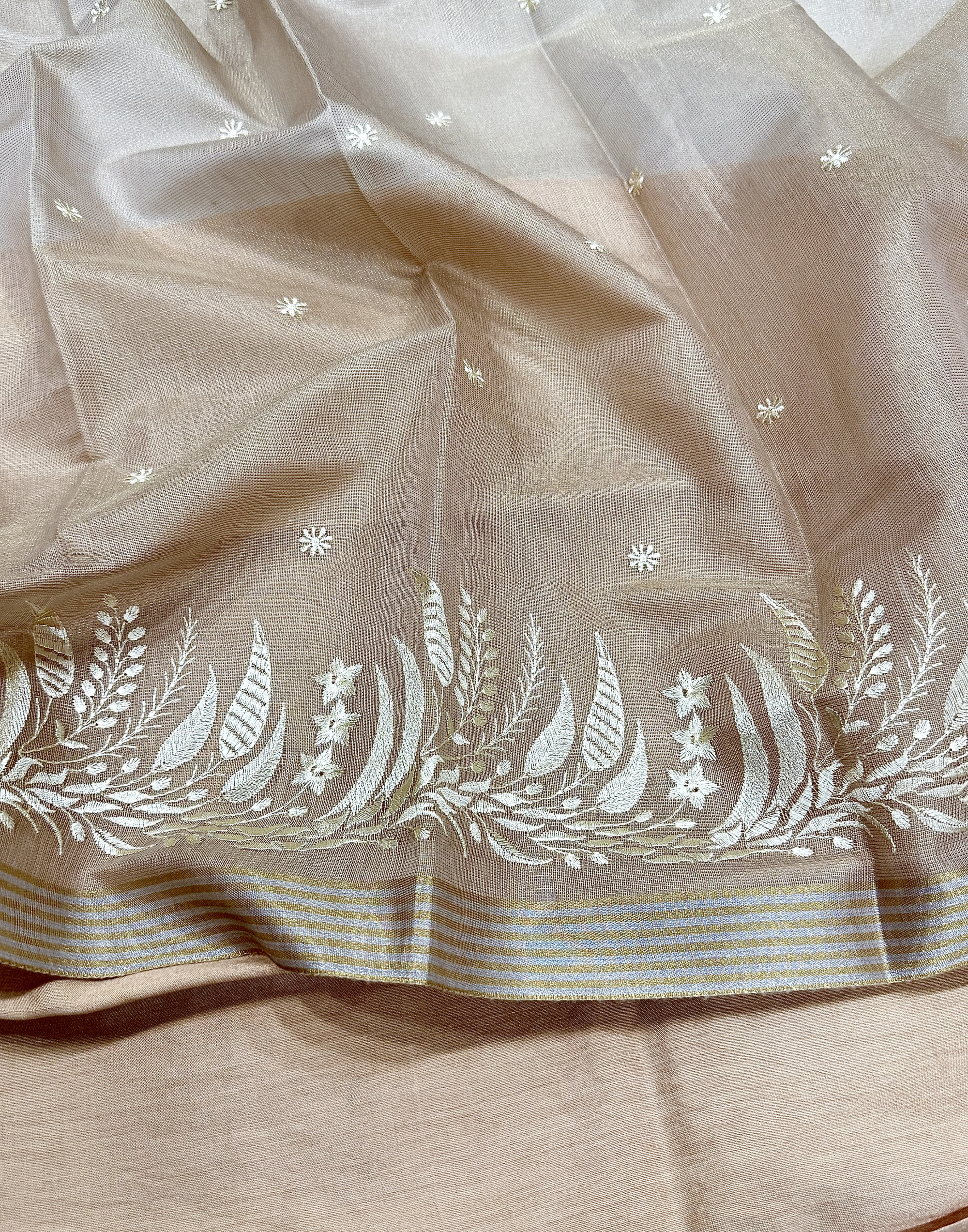 Taupe Linen Tissue Unstitched Suit with Floral Embroidery
