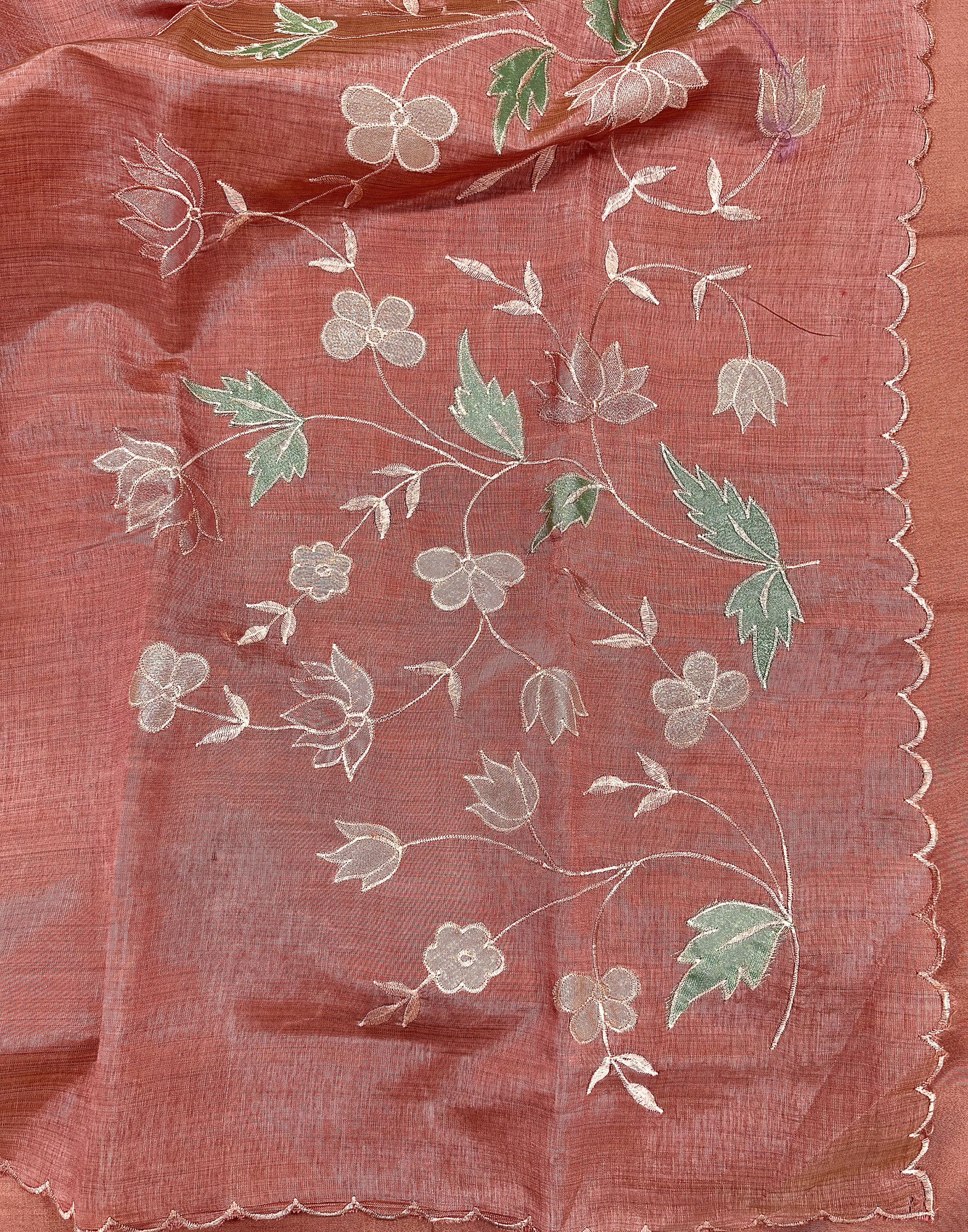 Rust Pink Tussar Unstitched Suit with Appliqué Embroidery