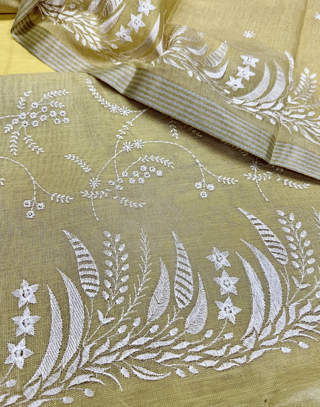 Mustard Linen Tissue Unstitched Suit with Floral Embroidery