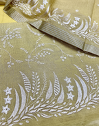 Mustard Linen Tissue Unstitched Suit with Floral Embroidery