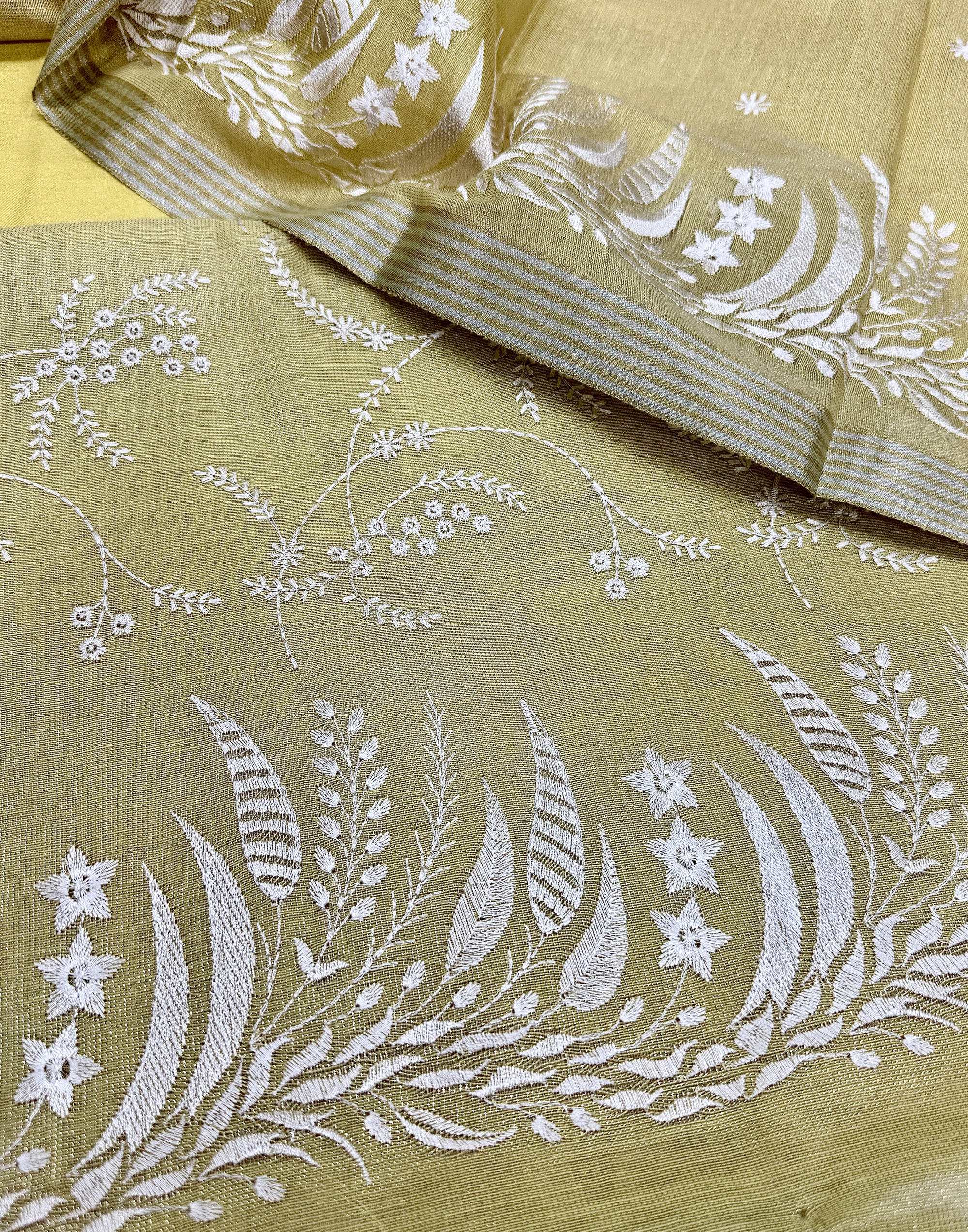 Mustard Linen Tissue Unstitched Suit with Floral Embroidery