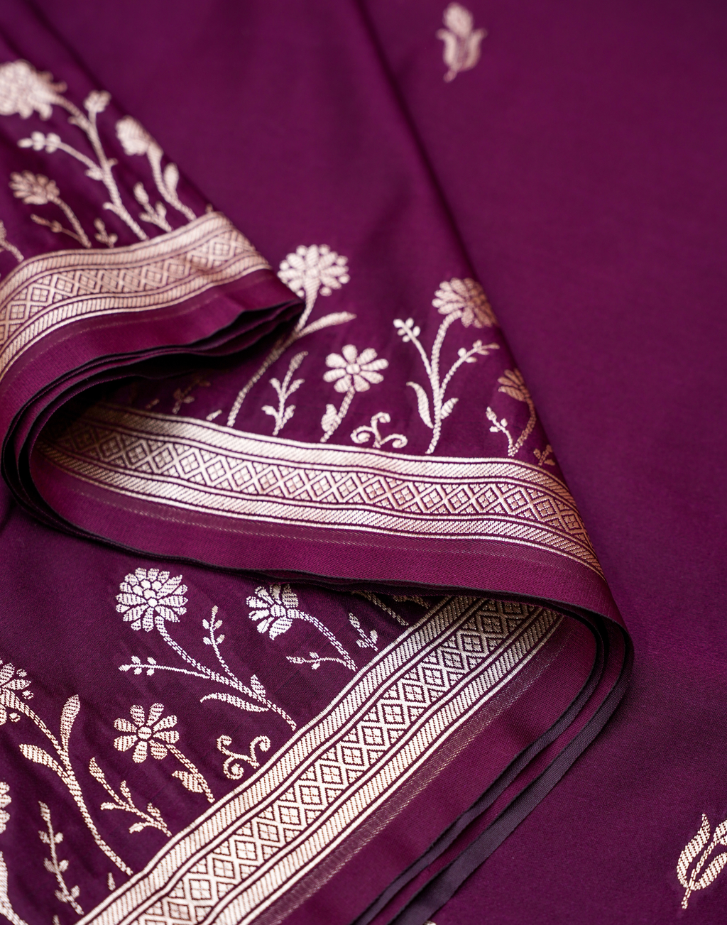 Magenta Banarasi Mushroo Silk Saree with Floral Weaving & Zari Border