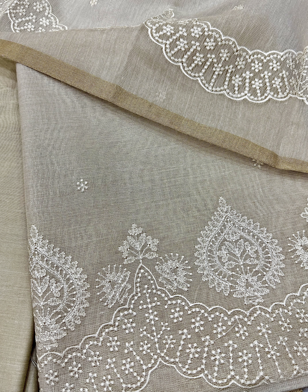 Off White Linen Tissue Unstitched Suit with Thread Embroidery