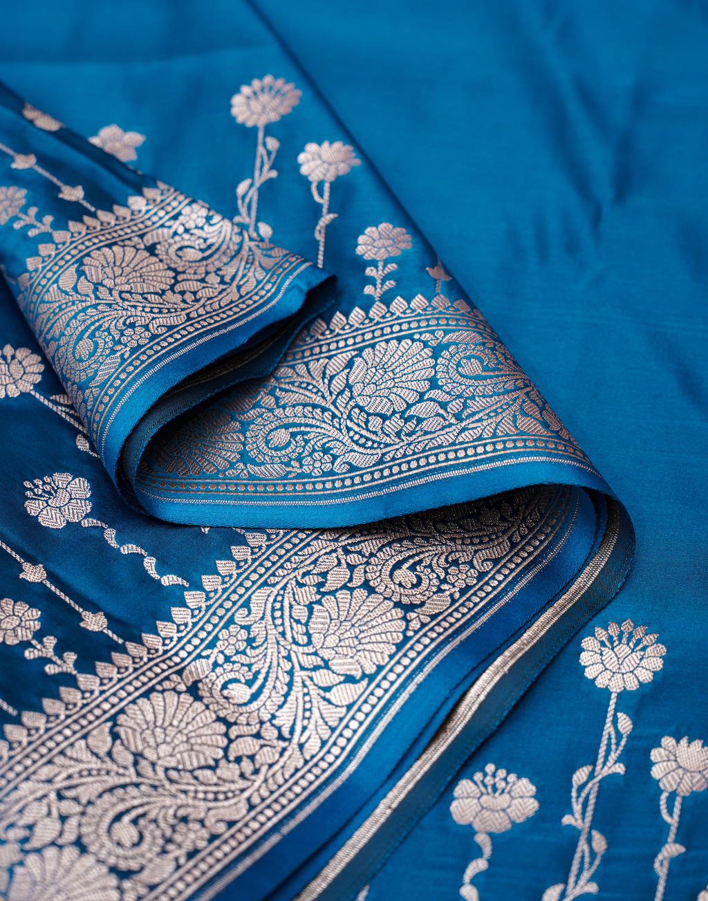 Sapphire Blue Banarasi Mushroo Silk Saree with Floral Weaving & Zari Border