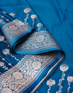 Sapphire Blue Banarasi Mushroo Silk Saree with Floral Weaving & Zari Border
