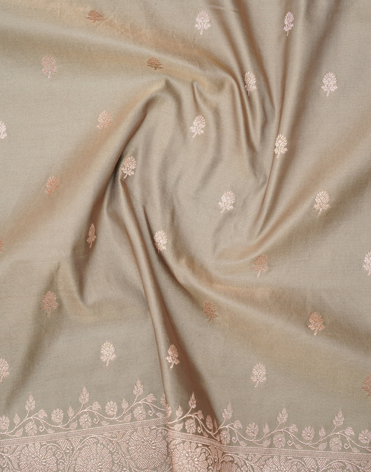Ash Grey Banarasi Mushroo Silk Saree with Floral Weaving & Zari Border