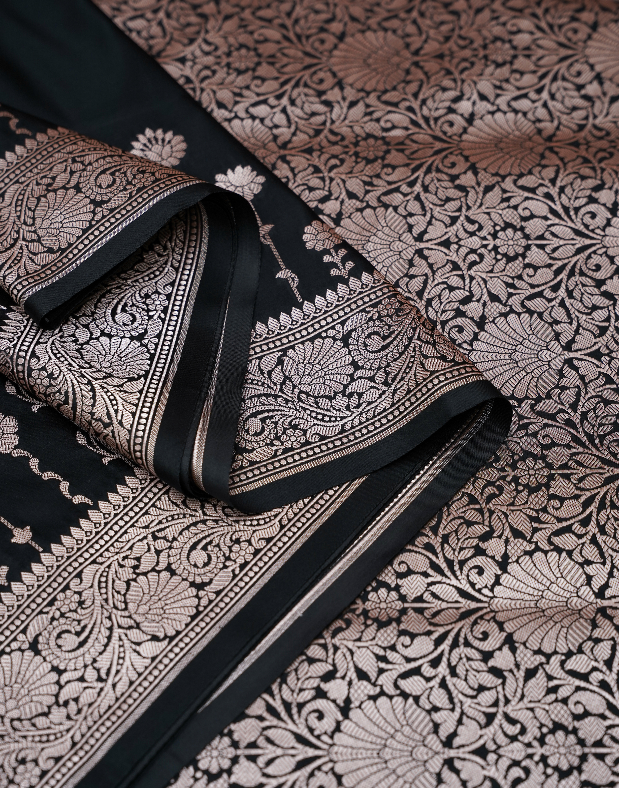 Black Banarasi Mushroo Silk Saree with Zari Border