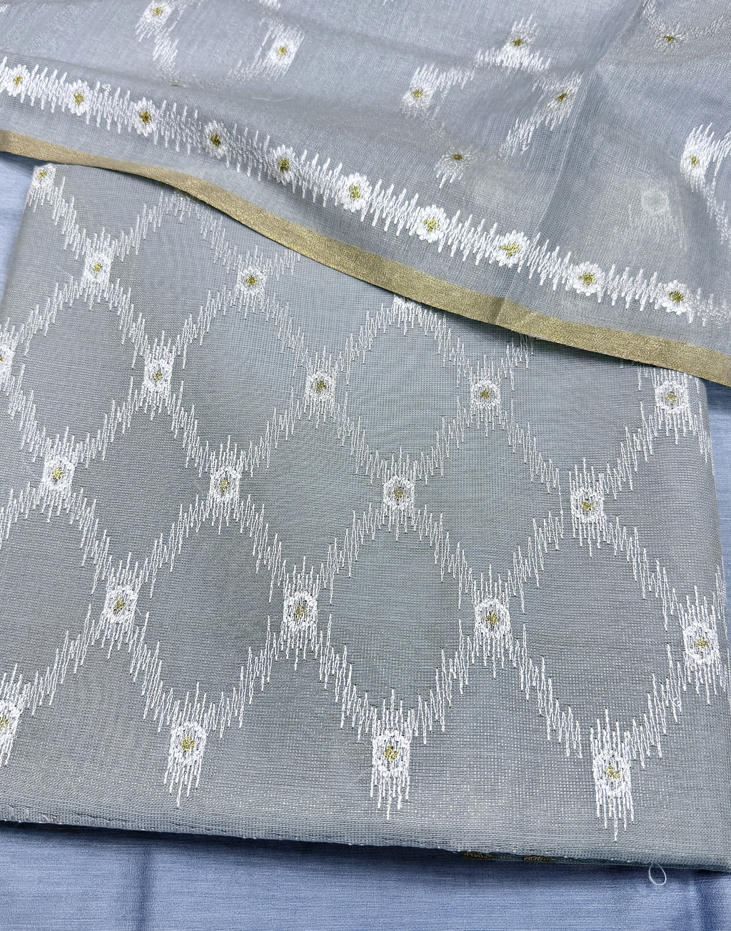 Steel Grey Linen Tissue Unstitched Suit with Ikat-Inspired Embroidery