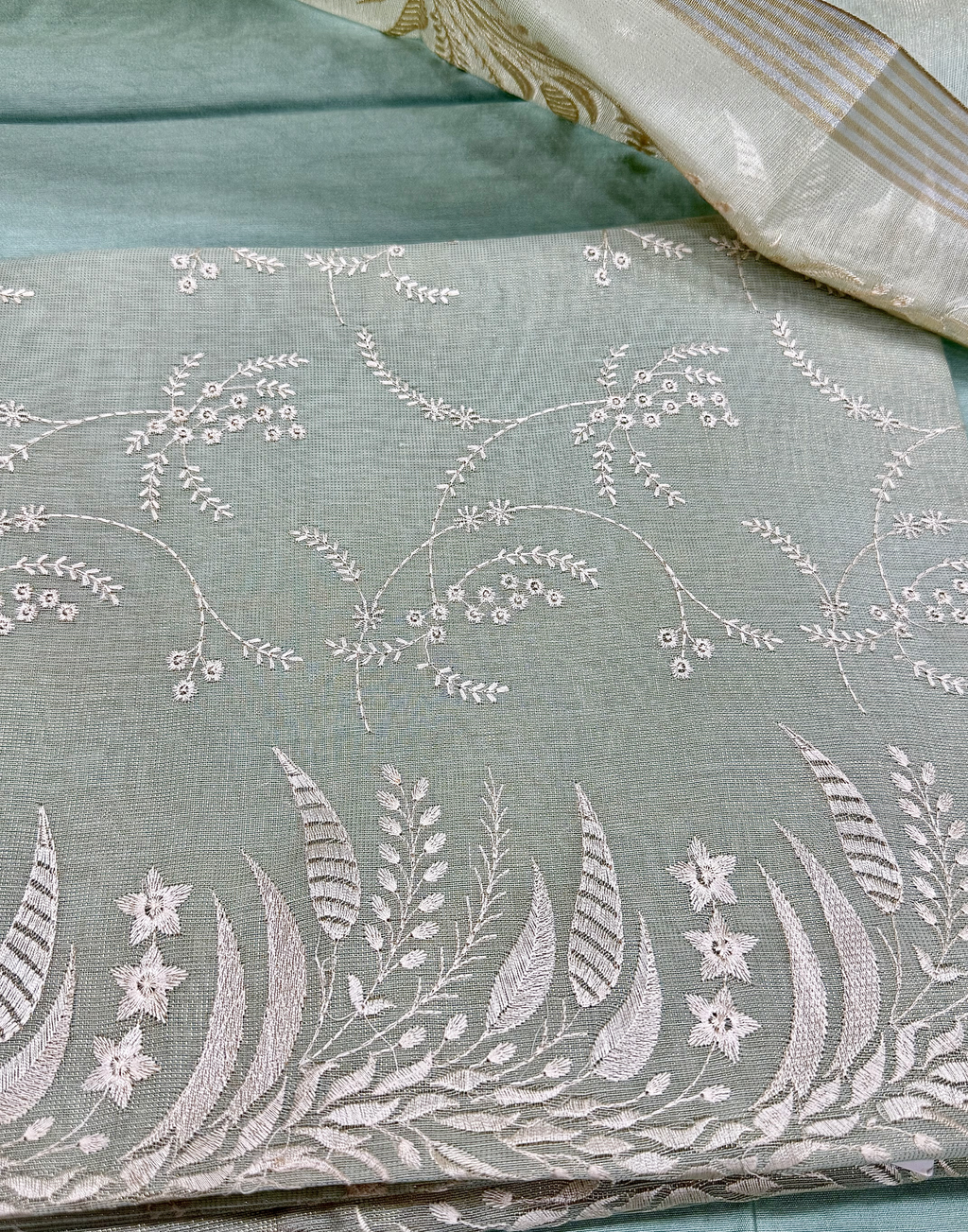 Mint Green Linen Tissue Unstitched Suit with Embroidery