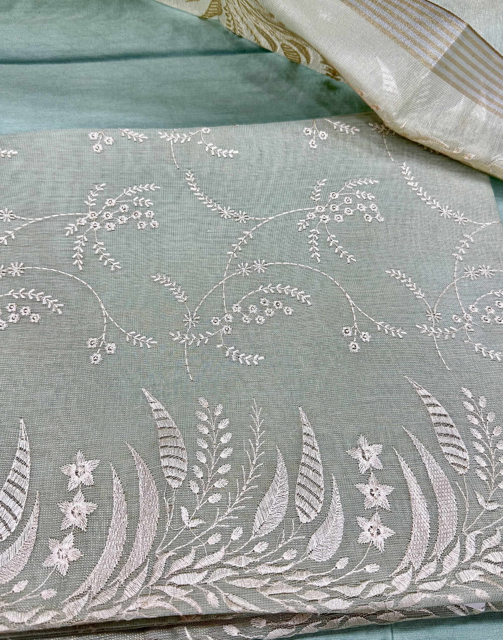 Mint Green Linen Tissue Unstitched Suit with Embroidery