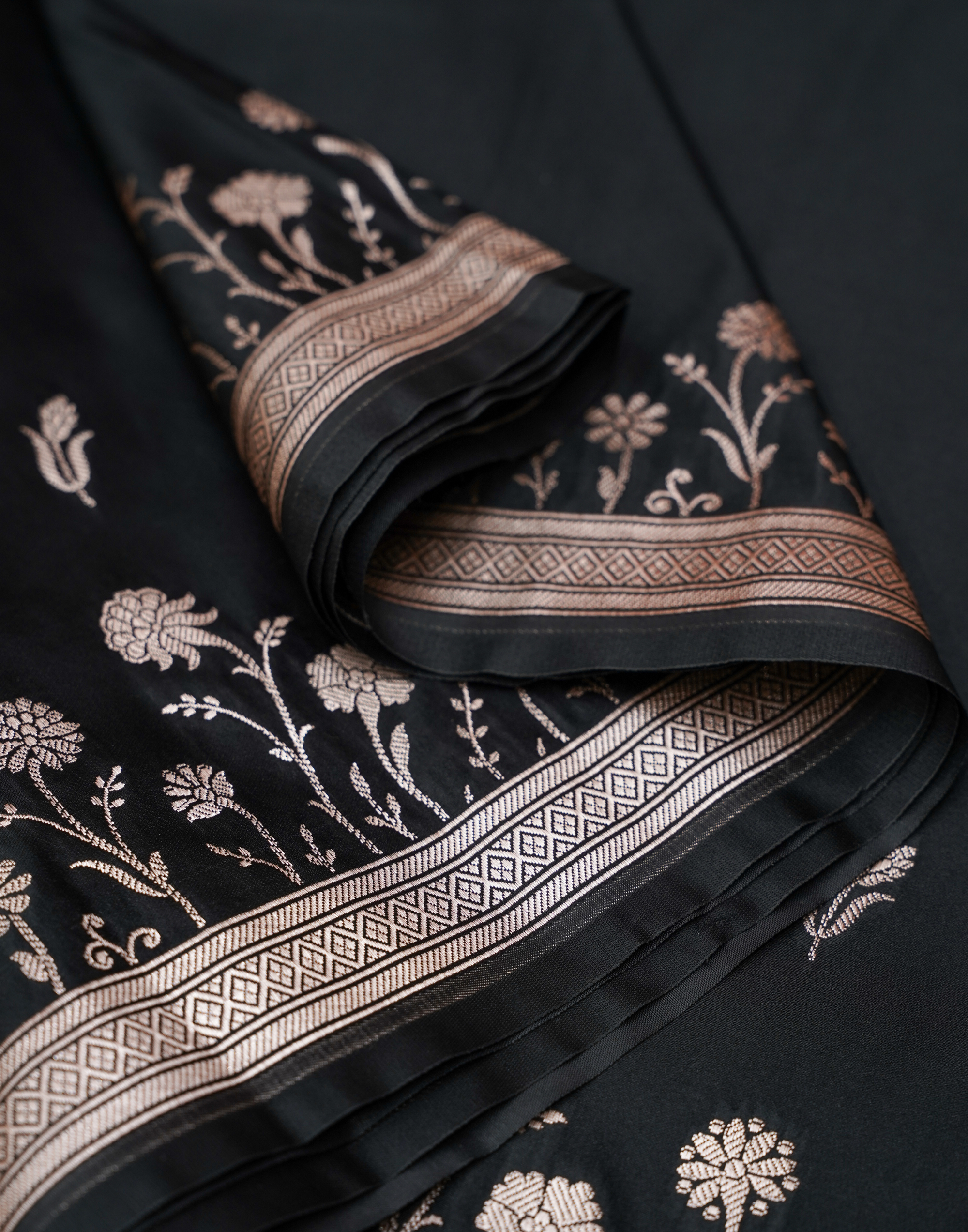 Black Banarasi Mushroo Silk Saree with Floral Weaving & Zari Border