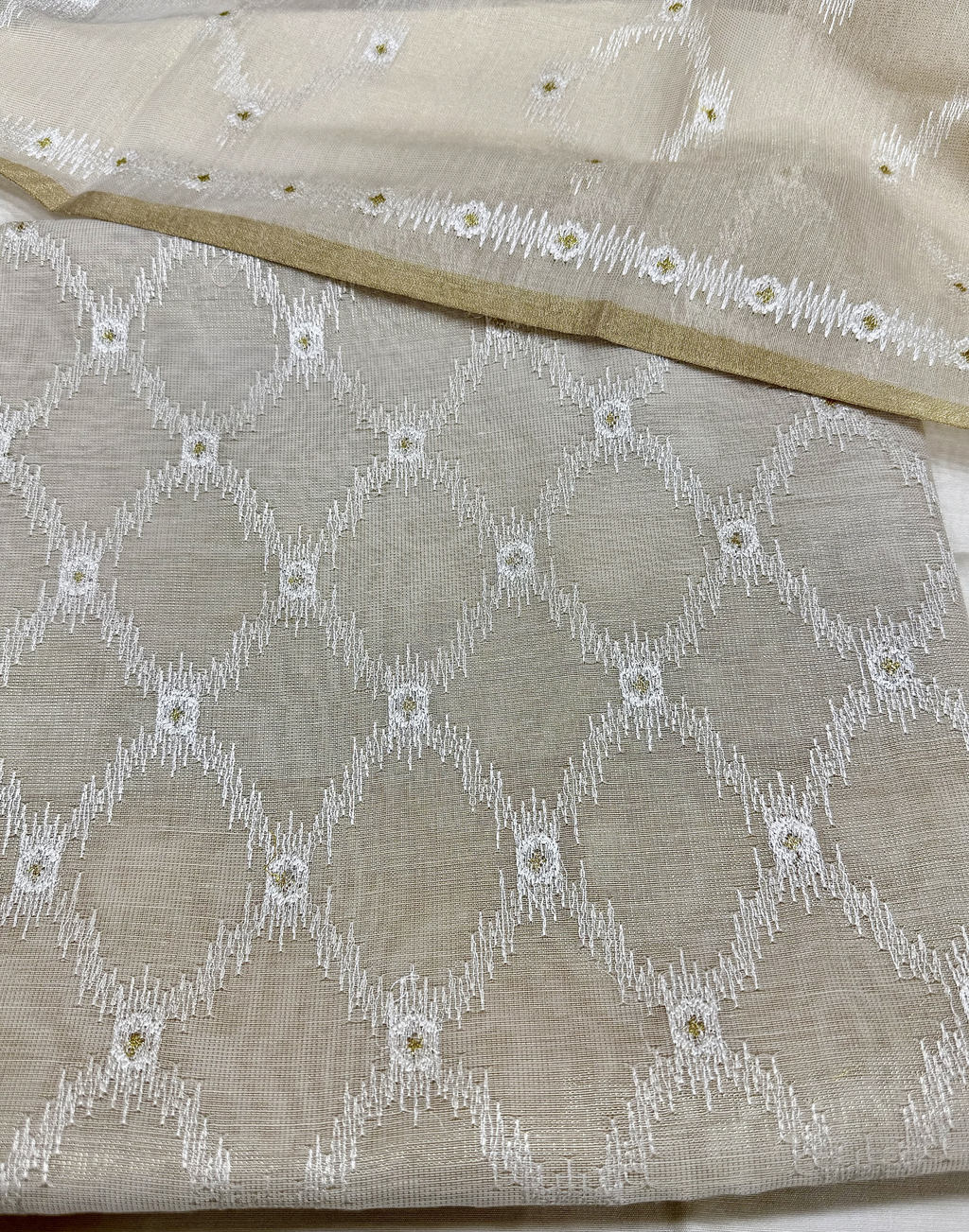 Off White Linen Tissue Unstitched Suit with Ikat-Inspired Embroidery