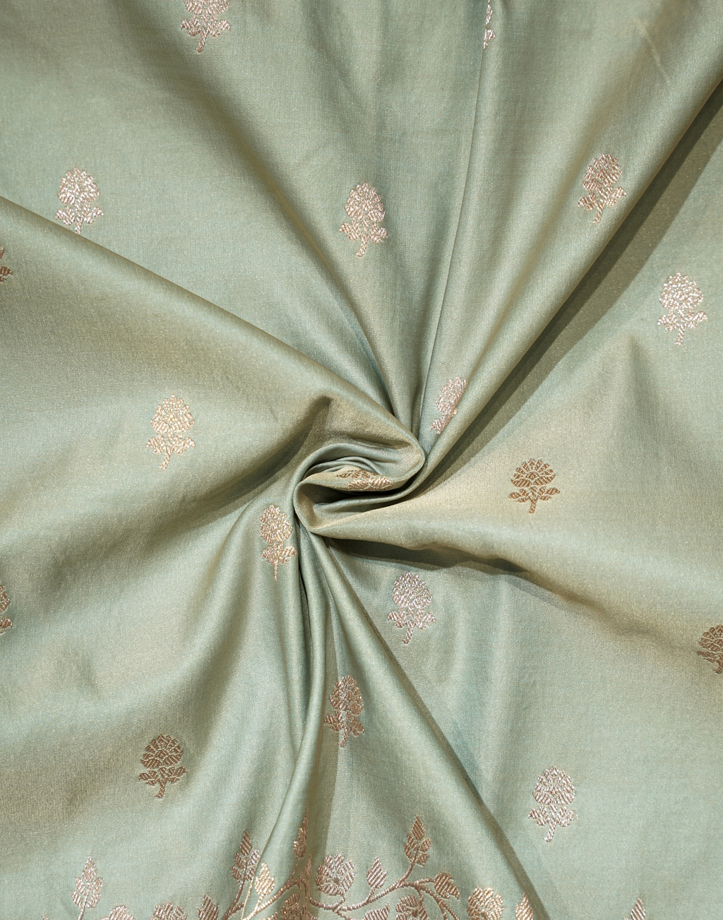 Pistachio Green Banarasi Mushroo Silk Saree with Floral Weaving & Zari Border