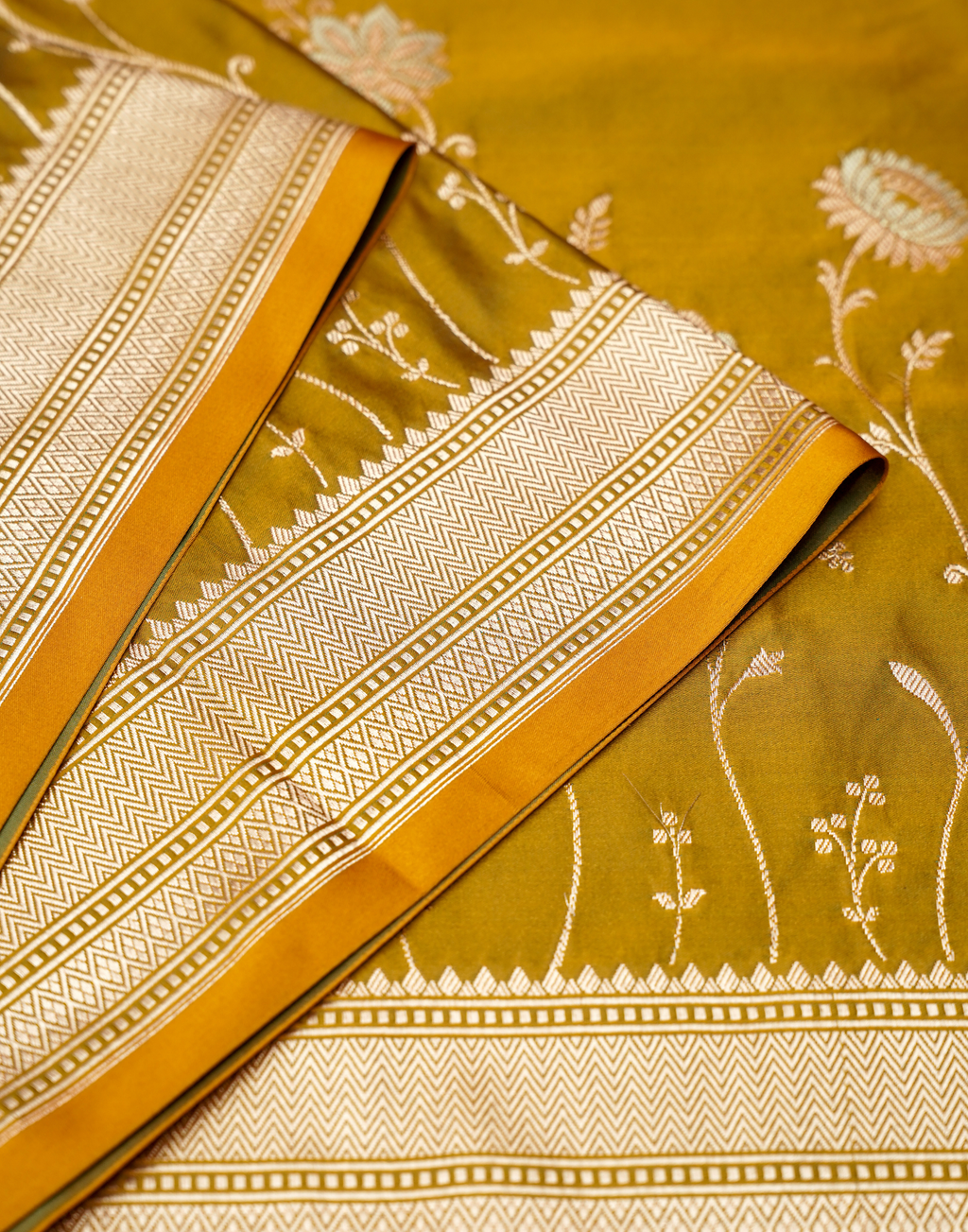 Mustard Gold Banarasi Mushroo Silk Saree with Floral Weaving & Zari Border