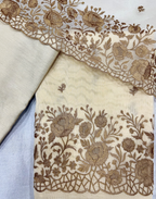 Ivory Cream Organza Unstitched Suit with Antique Gold Floral Embroidery