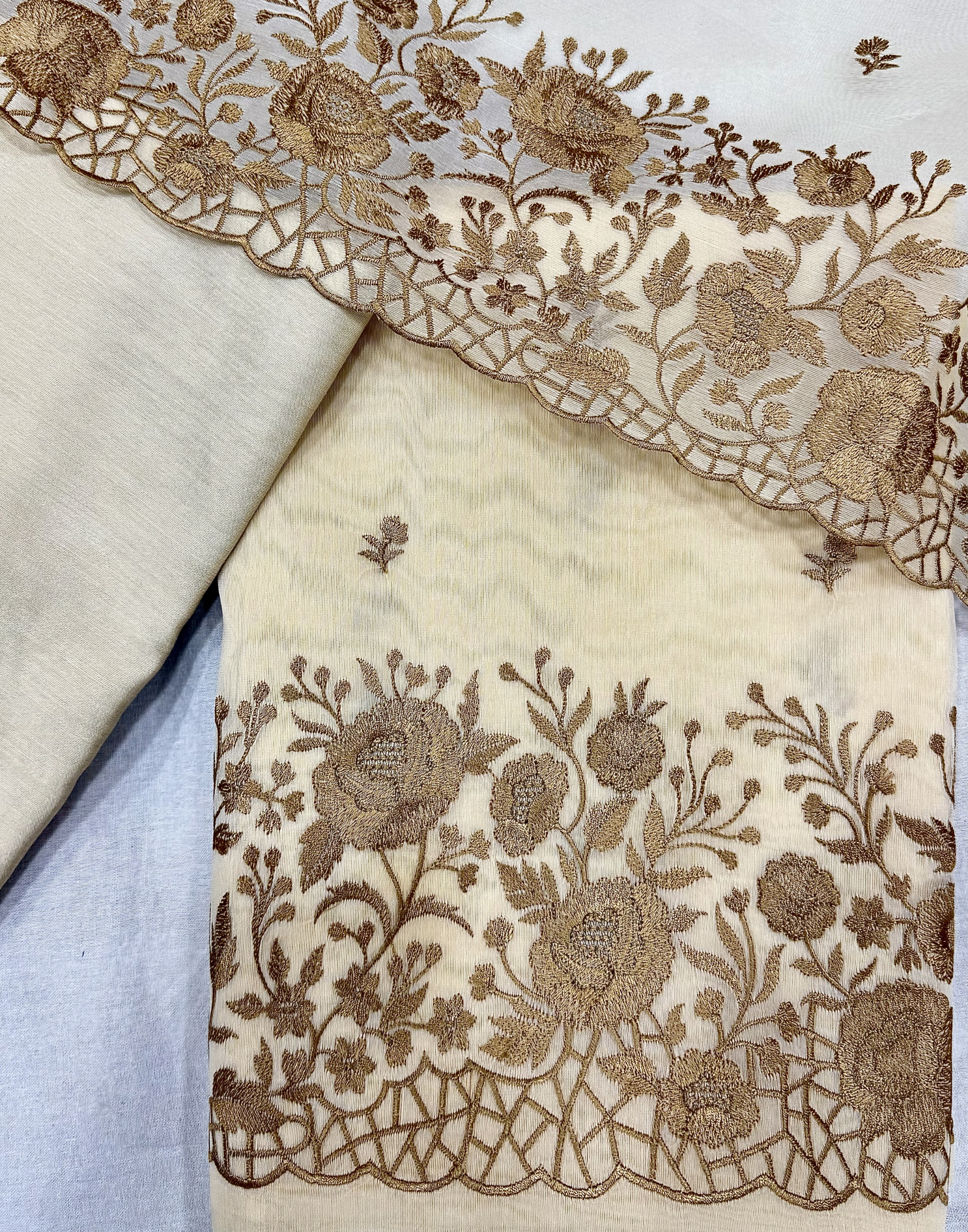 Ivory Cream Organza Unstitched Suit with Antique Gold Floral Embroidery