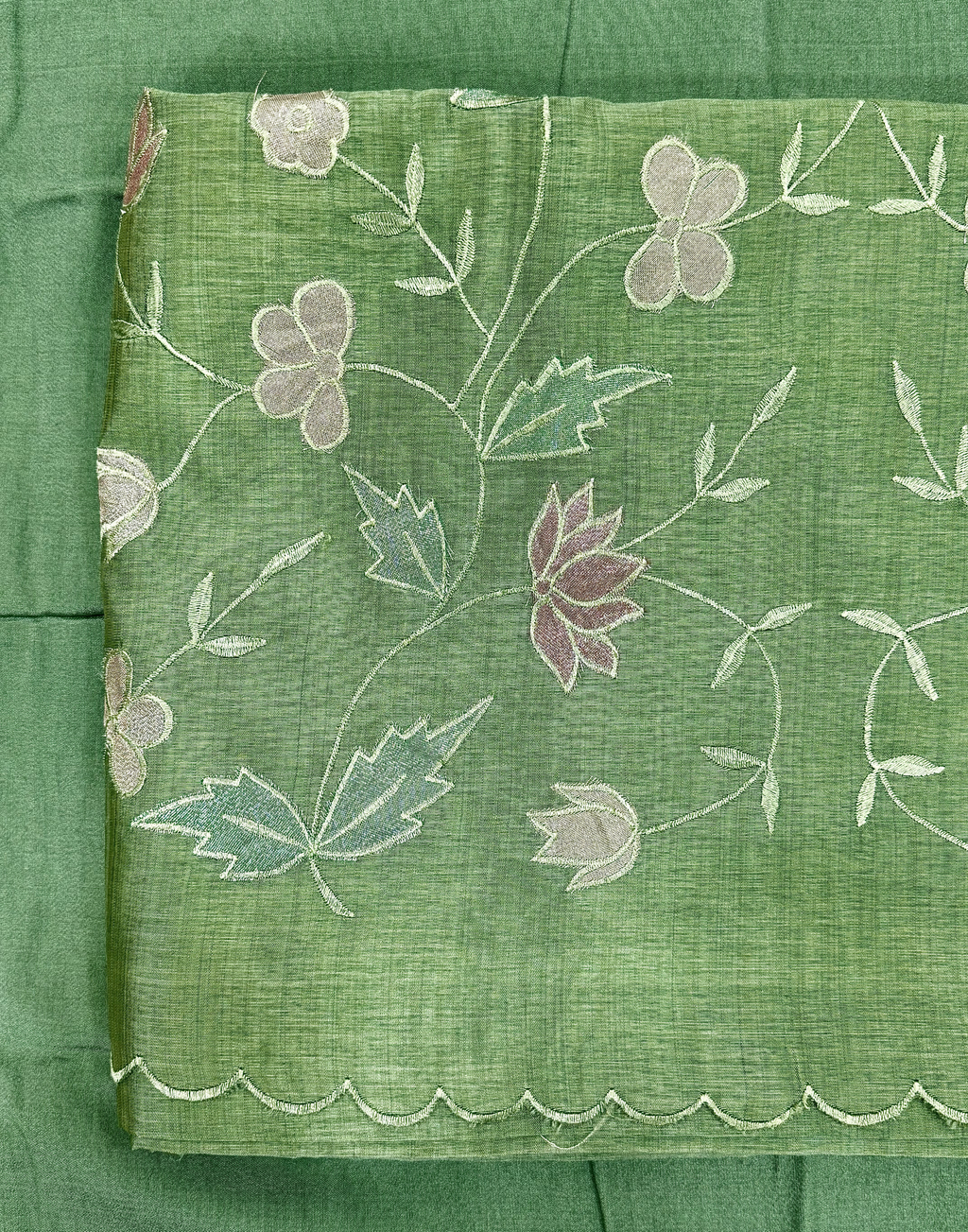 Sage Green Tussar Unstitched Suit with Appliqué Embroidery