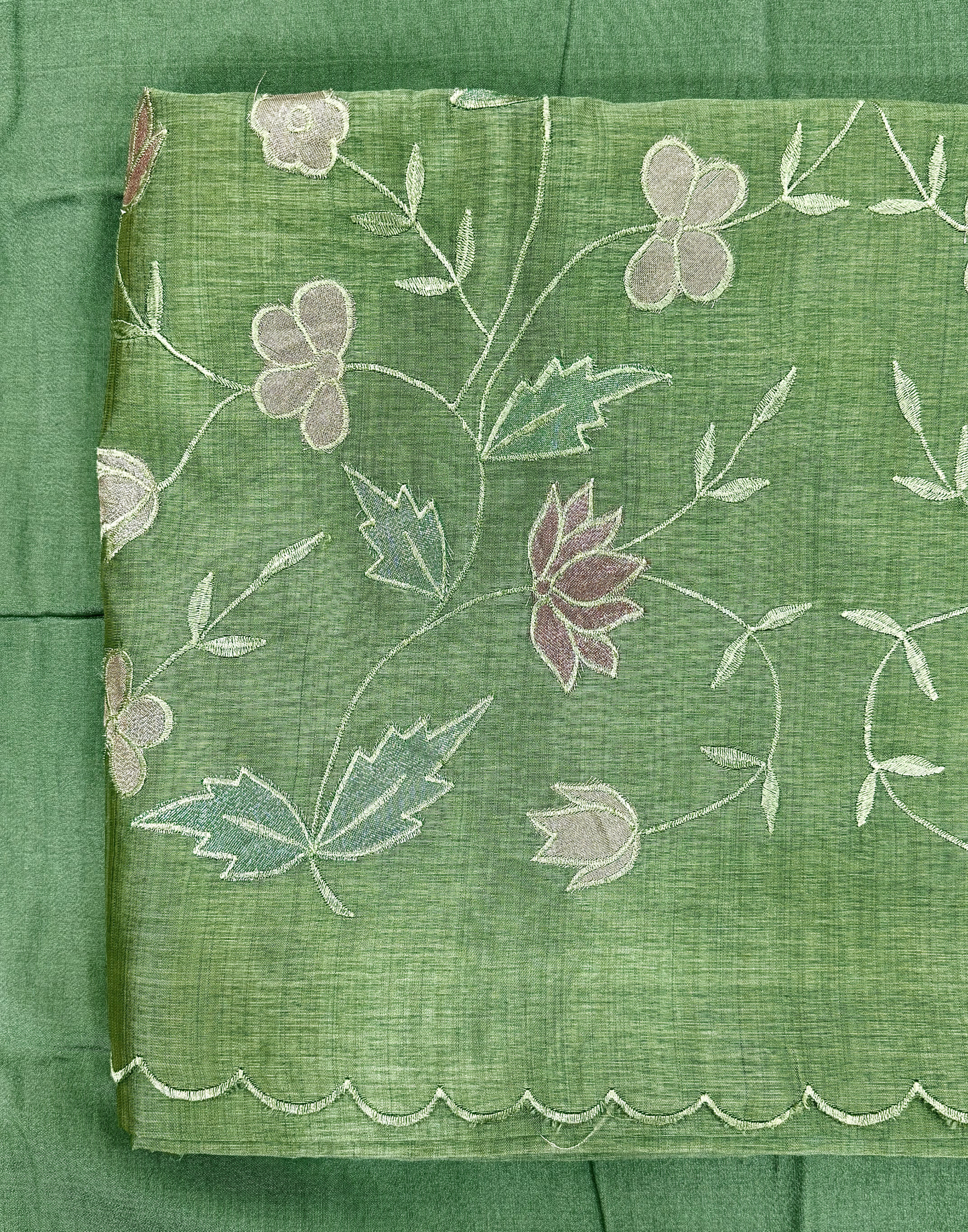 Sage Green Tussar Unstitched Suit with Appliqué Embroidery