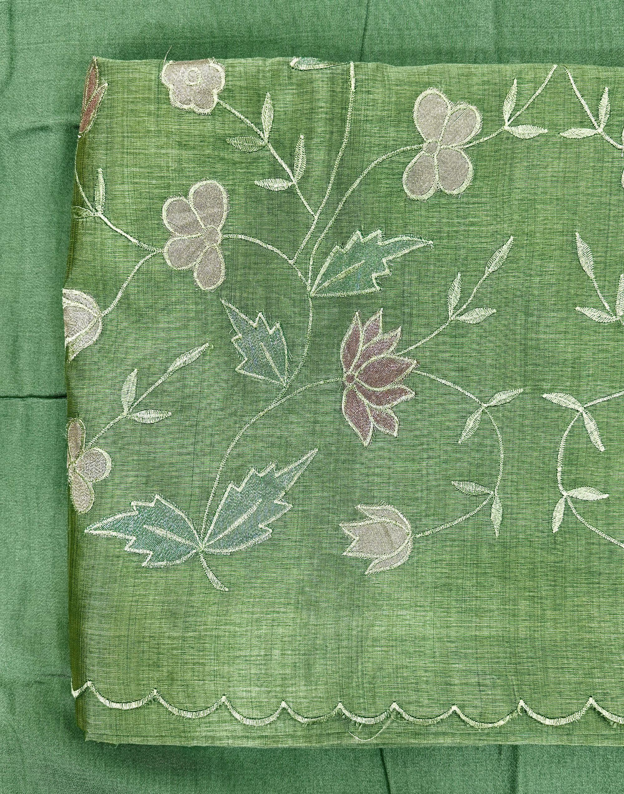 Sage Green Tussar Unstitched Suit with Appliqué Embroidery
