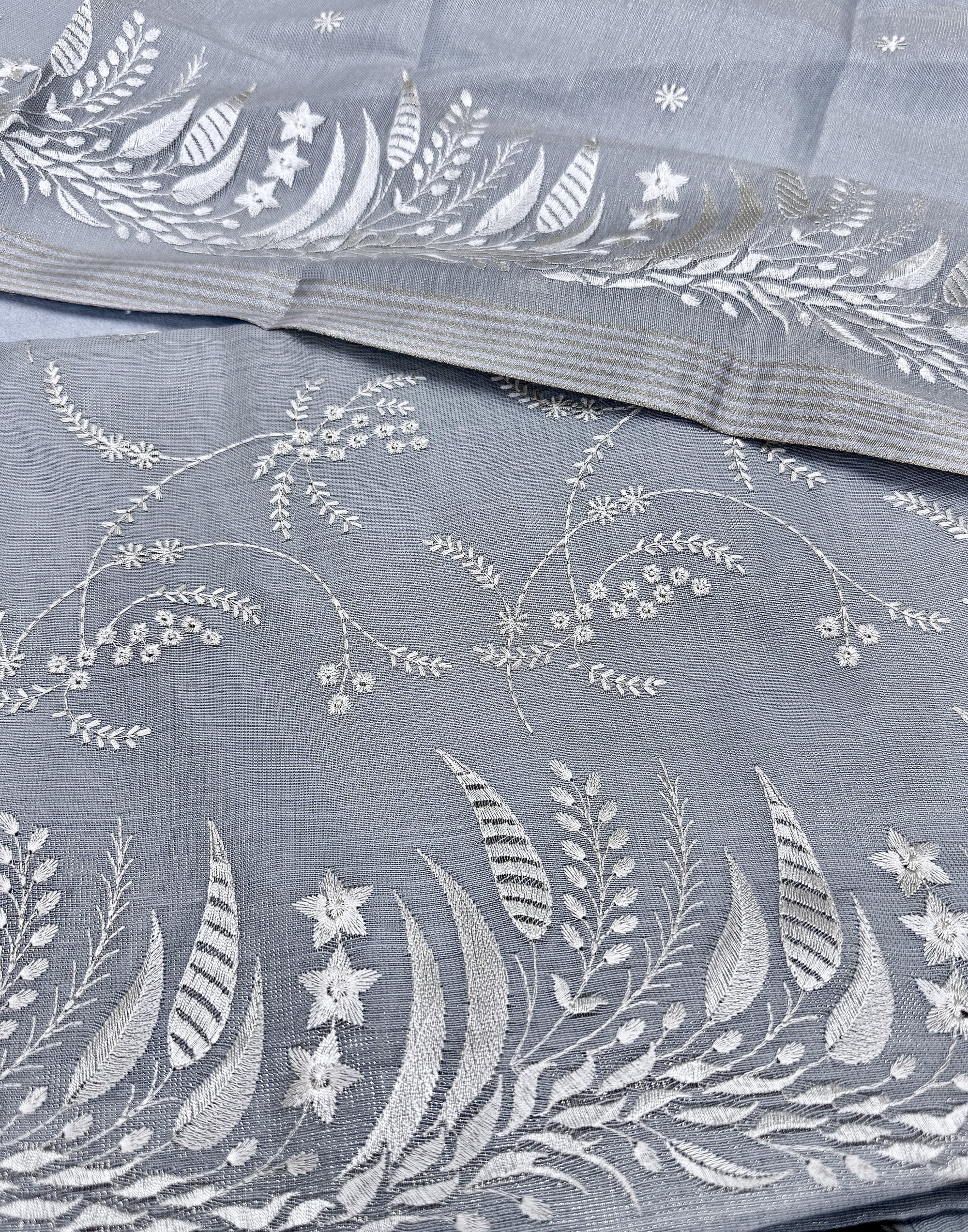 Grey Linen Tissue Unstitched Suit with Floral Embroidery